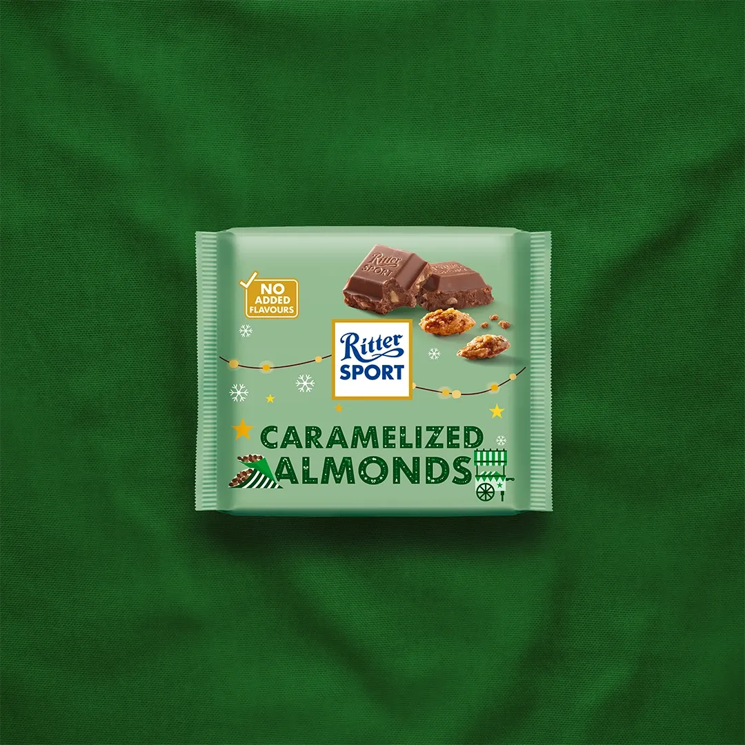 شکلات تخته ای ریتر اسپرت با طعم بادام وزن 100 گرم - Ritter Sport Gebrannte Mandel (Christmas Edition)