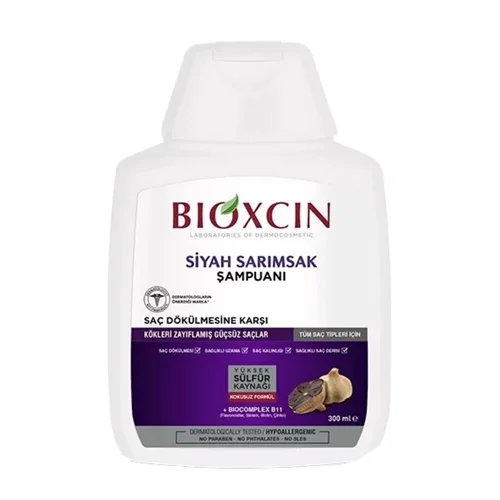 شامپو ضد ریزش مو بیوکسین Bioxcin مدل سیر سیاه مناسب موهای آسیب دیده حجم 300 میل